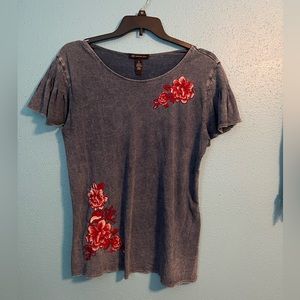 I.N.C Blouse Women XL Blue Red Embroidered Flowers Pleated Sleeves